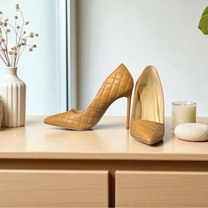 Cognac tan beige light brown quilted classic pointy toe stiletto pump heels